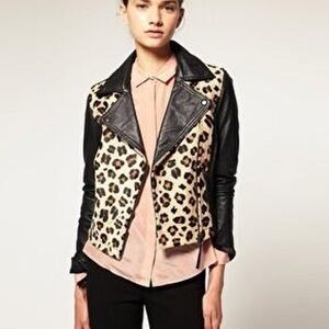 Asos Black Leather Biker Jacket with Leopard Print Pony hair front size 6